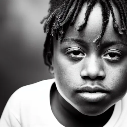 Image similar to the face of young juice wrld at 1 years old, black and white portrait by julia cameron, chiaroscuro lighting, shallow depth of field, 8 0 mm, f 1. 8