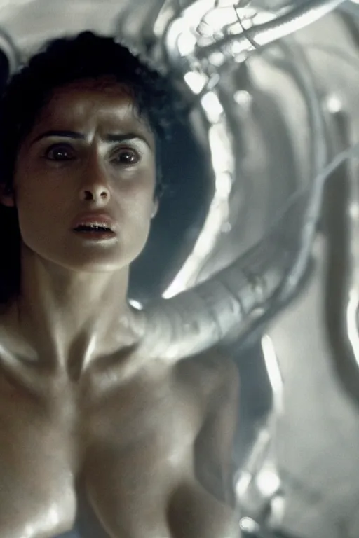 Image similar to film still of salma hayek in the movie Alien, xenomorph mounted on her, cinematic shot, scary, fear emotions, ambient lighting 4k.
