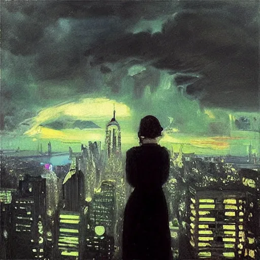 Image similar to “ a girl looking down at a futuristic!!!!!! new york city below, ghostpunk!!!!, neon lights, storm clouds, rain!!!!!!, oil painting, by george bellows ”