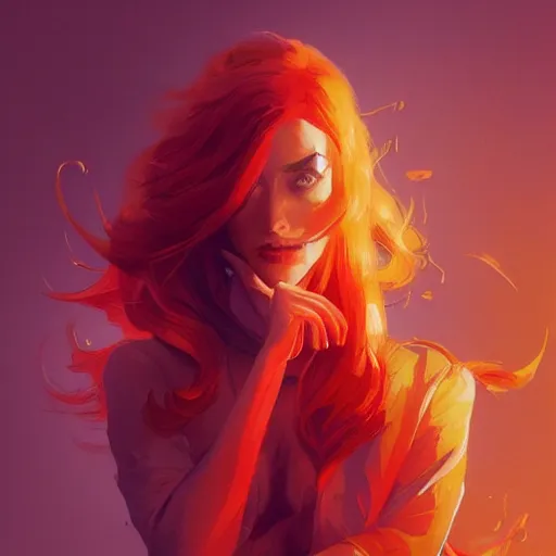 Image similar to portrait of beautiful woman with flaming orange hair, maya ali mage, gloomhaven, dynamic lighting, gaudy colors, octane render aesthetic, matte painting concept art, official fanart behance hd artstation by jesper ejsing, by rhads and makoto shinkai and lois van baarle and ilya kuvshinov and rossdraws