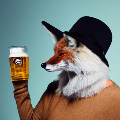 Image similar to a polygamous fox with a hat drinking beer and smoking e - cigarette, studio photo