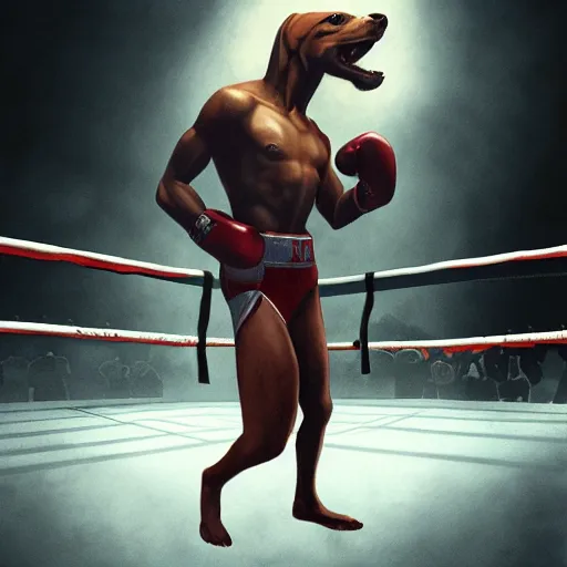 Image similar to anubis as a boxer ready to take on the world champ, boxing ring, strong spotlights, 4 k, trending on artstation, sakimichan, craig mullins, artgerm, greg rutkowski