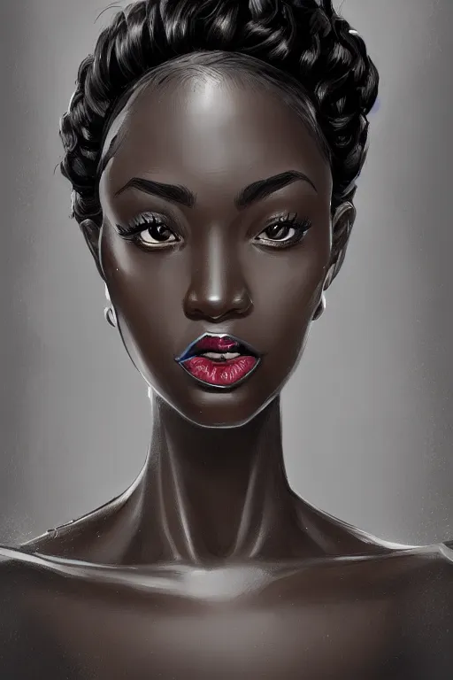 Prompt: A bust of a tall black skinned girl with large lips and smooth eyebrows and wavy hair, HD, illustration, epic, fantasy, intricate, elegant, amazing detail, digital painting, artstation, concept art, smooth, sharp focus, illustration, art by Turine Tran