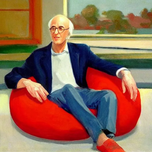 Image similar to larry david sitting on large bagel beanbag, edward hopper painting