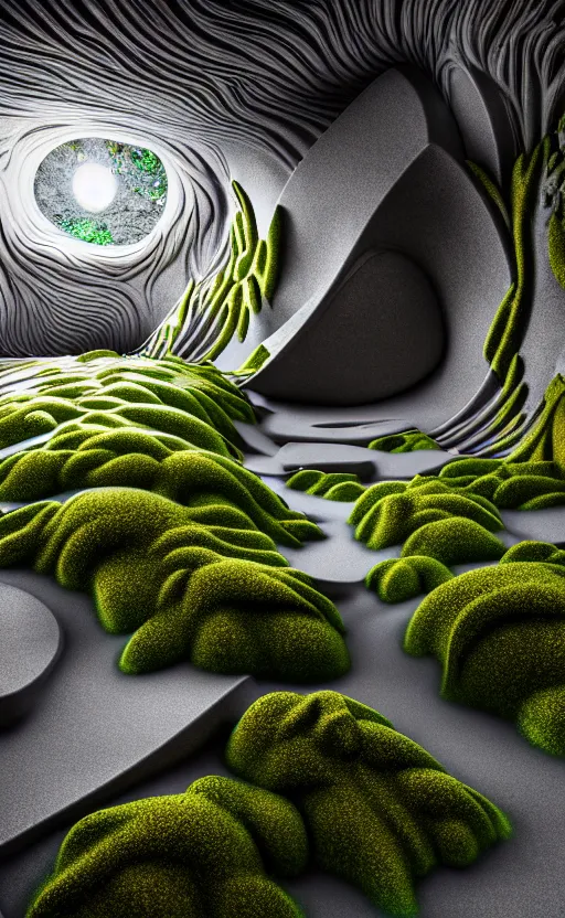 Image similar to highly detailed ultra sharp 3 d render cinematic composition of a smooth ceramic porcelain biomorphic magnolia stone nebula fluid fractal sci - fi surreal architecture landscape, granite, metallic, magnesium, marble, moss and lichen, vincent callebaut composition, mamou - mani, archviz, beautiful lighting, 8 k, unreal engine, hdr,