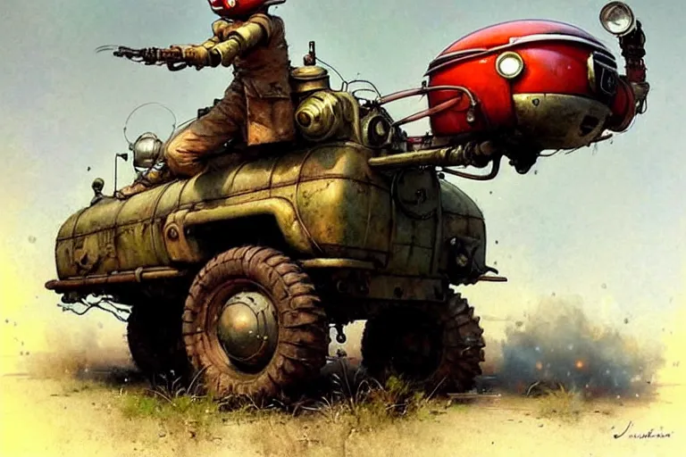 Image similar to adventurer ( ( ( ( ( 1 9 5 0 s retro future robot android mouse wagon rv offroad tank. muted colors. ) ) ) ) ) by jean baptiste monge!!!!!!!!!!!!!!!!!!!!!!!!! chrome red
