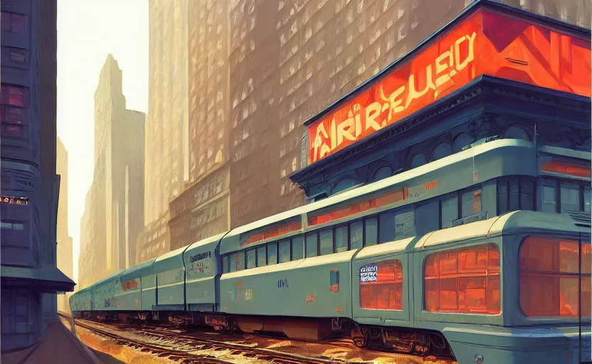 Image similar to A big train moving in the middle of new york city, very coherent, painted by Edward Hopper, Wayne Barlowe, painted by James Gilleard, airbrush, art by JamesJean