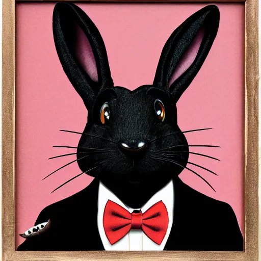 Image similar to A extremely highly detailed majestic hi-res beautiful, highly detailed head and shoulders portrait of a scary terrifying, horrifying, creepy black cartoon rabbit with a bowtie and scary big eyes, earing a shirt laughing, hey buddy, let's be friends, in the style of Walt Disney