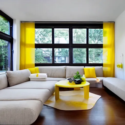 Prompt: Minimalistic Livingroom with a staircase, wooden floor, white L shaped couch, wooden coffee table, Big chandelier, Big Windows, Yellow Lights