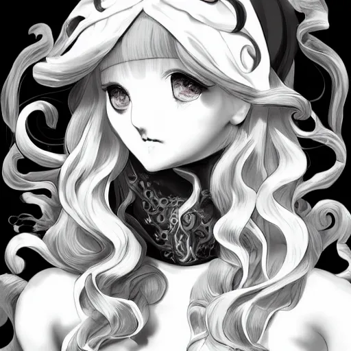 Image similar to a woman smiling, baroque style, black and white, elegant, beautiful, mesmerizing, concept art, fancy clothing, highly detailed, artstation, behance, deviantart, inspired by innocent manga, trending, shinichi sakamoto