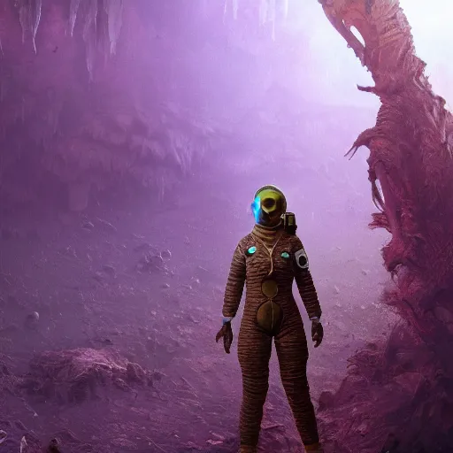 Image similar to soft painting render curiosities alien desolated world pond vegetation rocks, beautiful woman in spacesuit, omnious, horror, accurate features, focus, very intricate ultrafine details, random volumetric lighting, dense fog, award winning masterpiece, octane render 8 k hd, artstation