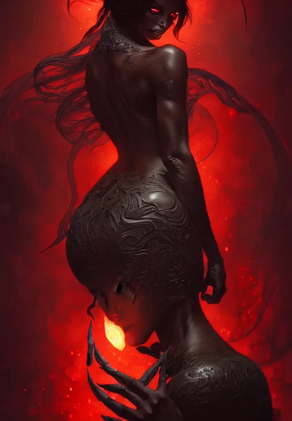 Image similar to a black smoked demon with red eyes, fantasy magic, dark light night, intricate, elegant, sharp focus, illustration, highly detailed, digital painting, concept art, matte, art by wlop and artgerm and greg rutkowski and alphonse mucha, masterpiece