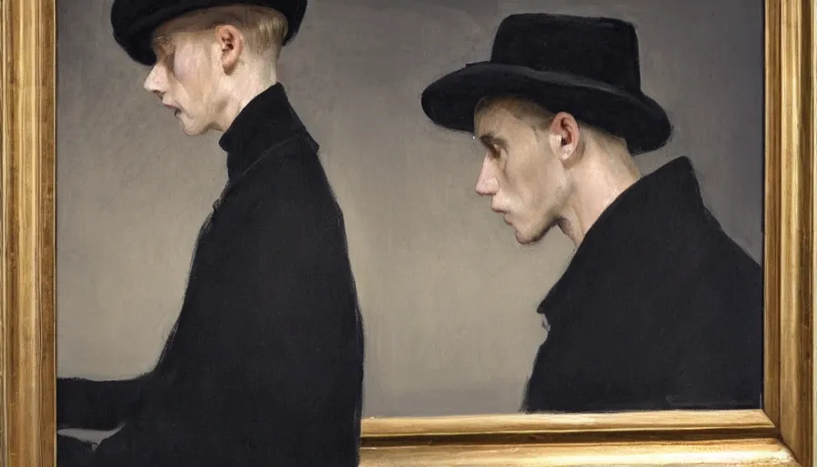 Image similar to painting by borremans, man agent in a black coat and black hat, detailed, stunning