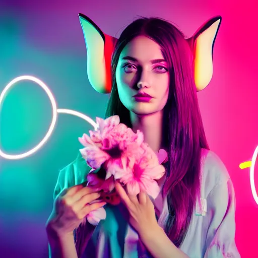 Prompt: portrait of a cute young woman with robot ears and eyes, 4k, sharp focus, neon colored fluorescent lighting, flowers, jordan grimmer