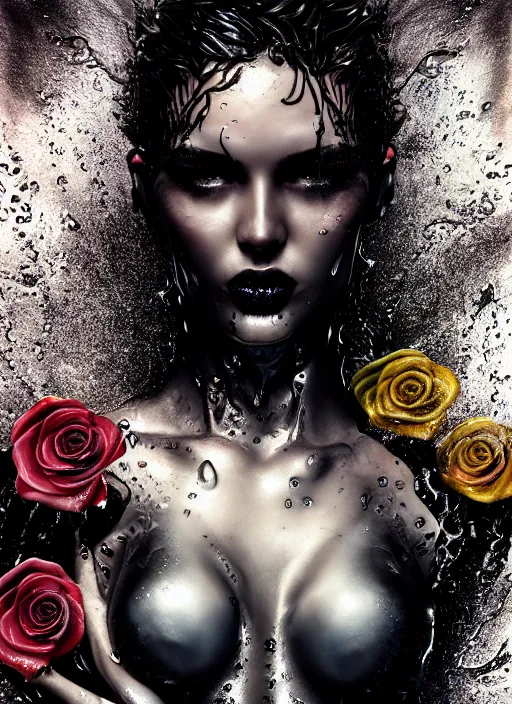 Prompt: fierce wet fashion model, splash, liquid metal dna, effervescent, black roses, poster art, high detail, hyperrealistic illustration, watercolor, deep mood, hyperrealism, 3 d, in the style of irakli nadar,