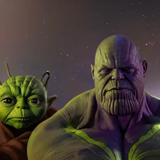 Image similar to photo of thanos sleeping in bed next to yoda