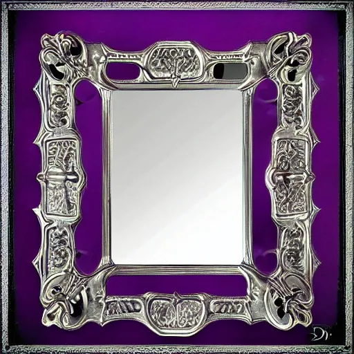 Prompt: a mirror in the shape of an antique silver tray shooting purple magic, d & d bestiary picture, digital art