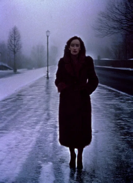 Image similar to emma getting out of taxi in winter, faded color film, russian cinema, tarkovsky, kodachrome, heavy fog, 4 k, dramatic lighting, greg rutkowski