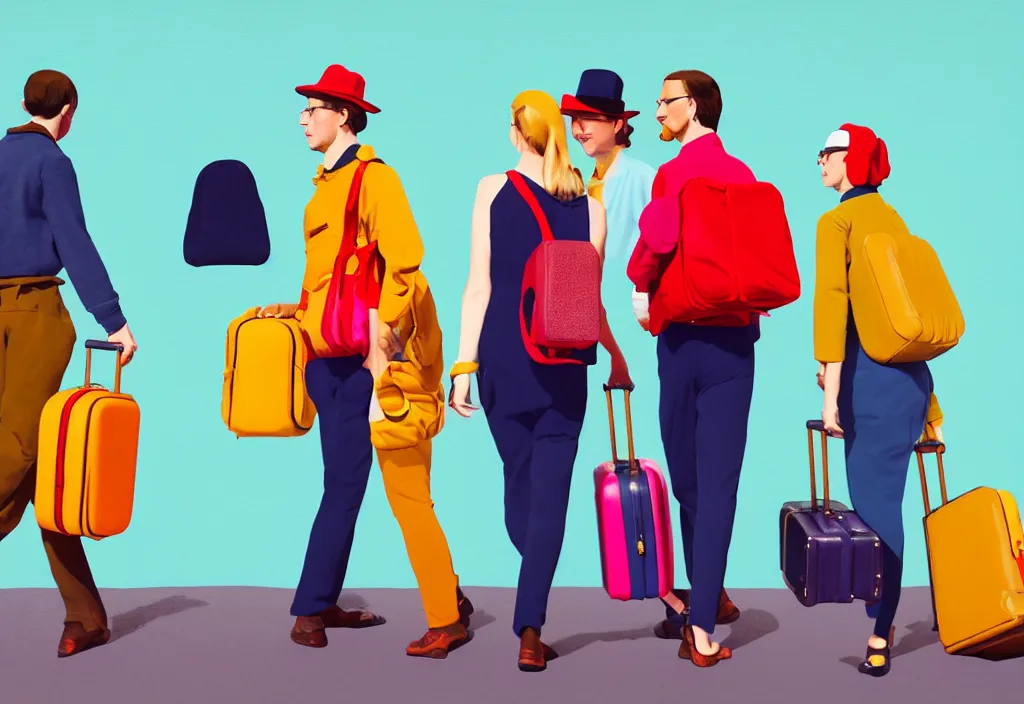 Image similar to full body portrait of a trio of european tourists autumn travel apparel, various poses walking and carrying luggage, character designs painting, in the style of wes anderson, rene magritte, lola dupre, david hockney, isolated on white background, dark monochrome neon spraypaint accents volumetric octane render