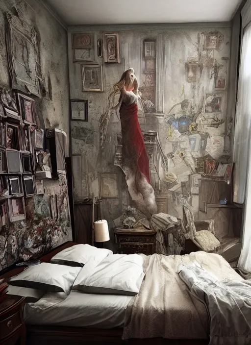 Prompt: a dreary bedroom, but above the bed are fantastical scenes of dreams, dreams invading mundane spaces, fantasy infiltrating reality, bubbles of the impossible, 8k, ultradetailed, illustrated by Greg Rutkowski and Caspar David Friedrich.