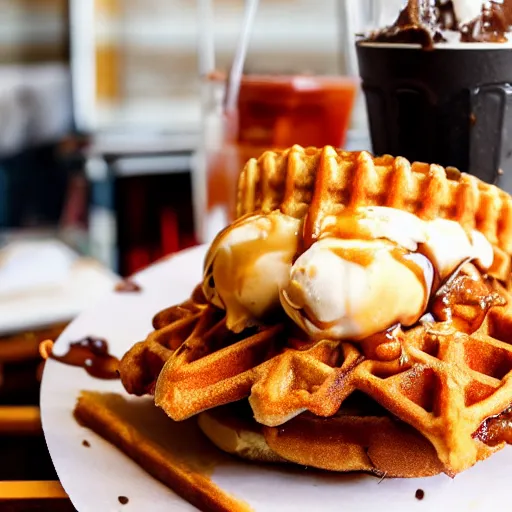 Image similar to photograph of a crispy Cajun fried chicken sandwich with Belgian Waffle Bun, maple syrup & hot fudge, ice cream on the side, 4K, HD