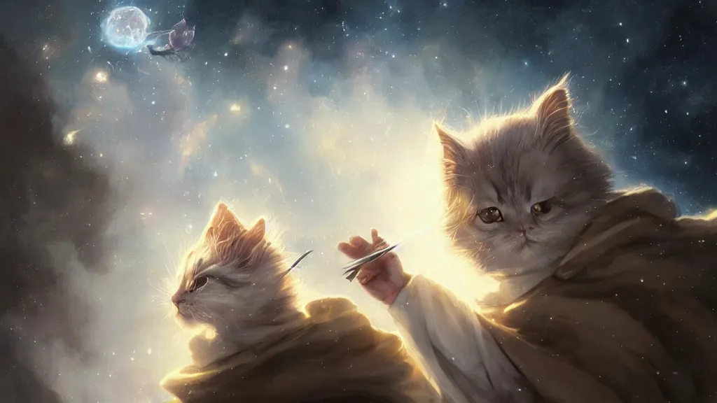 Image similar to cartoonish kitten dressed as Gandalf floating in space, bright stars, anime, a fantasy digital painting by Greg Rutkowski and James Gurney, trending on Artstation, highly detailed