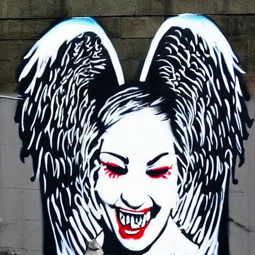 Image similar to angel wings devil horns street art by banksy