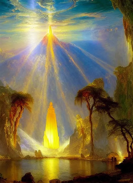 Prompt: a beautiful view of the temple of light, art by thomas moran and frederic edwin church