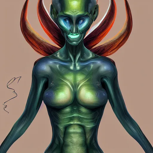 Prompt: A beautiful detailed digital painting of an alien woman, realistic character concept