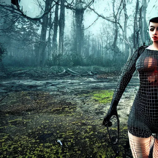 Image similar to A girl in fishnet stockings and power armor stands against the background of a radioactive forest, graphics, fallout 4 render, 3d computer render, maximum details, rain, night, spotlight,