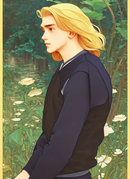 Image similar to pretty young man with shoulder length shiny shimmering golden blond hair, path traced, highly detailed, high quality, digital painting, by studio ghibli and alphonse mucha, leesha hannigan, disney