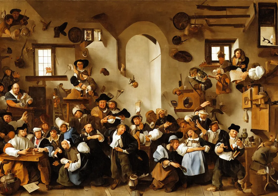 Image similar to Jan Steen arranges various actors in a small room with a window and low ceiling.