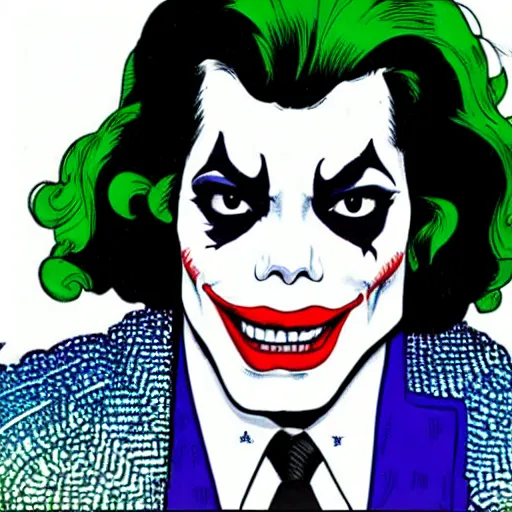 Image similar to dynamic macro head portrait of beautifu michael jackson as the joker in white sequined jacket by john romita sr and cory walker and ryan ottley and jack kirby and barry windsor - smith, comic, illustration, photo real