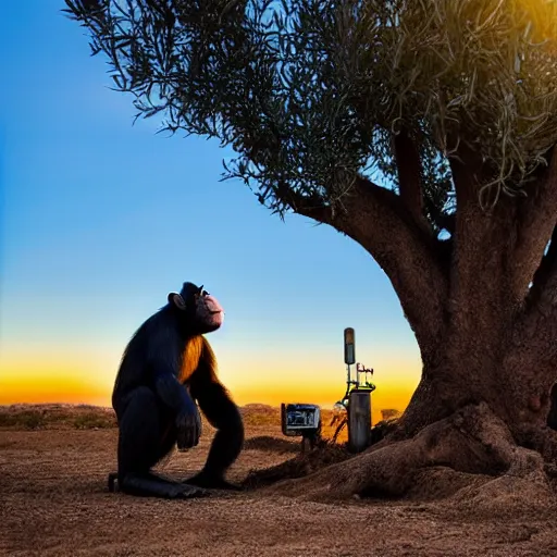 Image similar to a chimpanzee dressed in a chemical protection suit is injecting a olive tree with blue liquid, syringes, toxic, monkey face, scientific field trial, in puglia italy, sunset, beautiful lighting, chemical equipment, photograph, canon eos, f 8, iso 4 0 0, photography