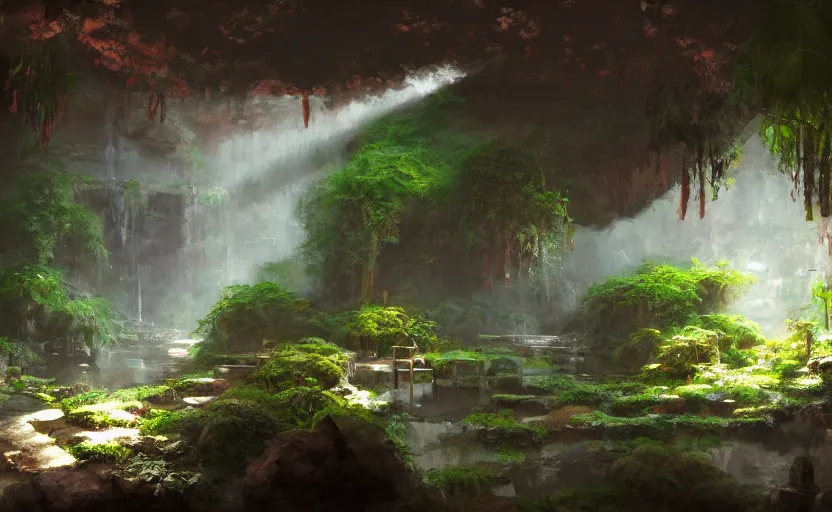 Image similar to painting of an interior of a hidden japanese hotspring in a small cave, fantasy, lush plants and flowers, natural light, concept art, by craig mullins, cozy atmospheric and cinematic lighting, trending on artstation