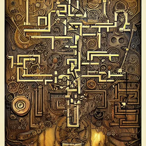 Image similar to amazing maze labyrinth steampunk style by albert gleizes and by hilma klint, hd, artstation, alive colors