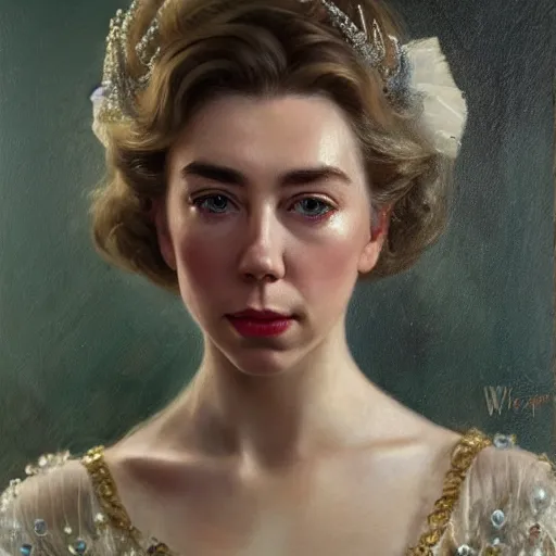 Image similar to vanessa kirby as princess margaret, a beautiful closeup oil painting smooth face, wet lips, perfect eyes, insanely detailed, elegant, by wlop, livia prima, mucha,