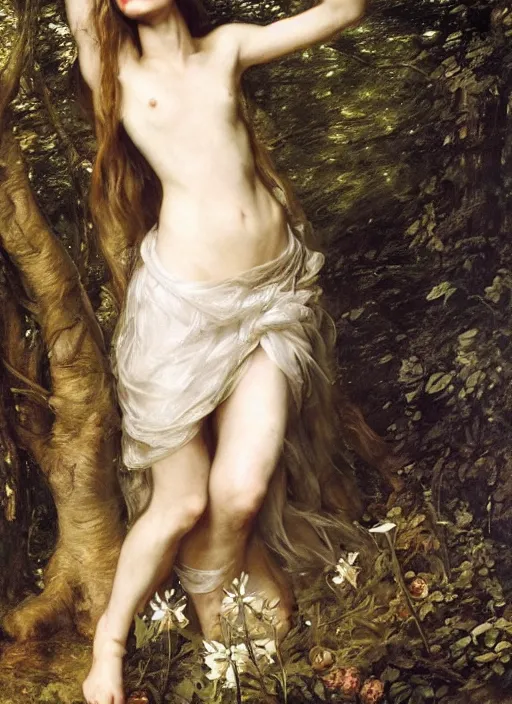 Image similar to barefoot Beautiful fairy teenager, Looks like Kristin Kreuk, In the woods, Dramatic, Edge, Good, Infused, Backlight, De-Noise, VFX, insanely detailed and intricate, hypermaximalist, elegant, ornate, hyper realistic, super detailed, by Anthony Van Dyck, by Ivan Shishkin, by John Constable