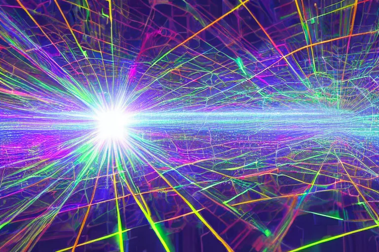 Image similar to cyber prism hit by three beams of light, cyber computerscape, in the style of tyler mitchell