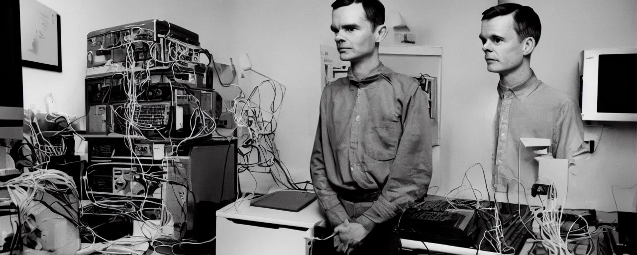 Image similar to alan turing proudly standing in front of his computer made out of spaghetti, canon 5 0 mm, cinematic lighting, photography, retro, film, kodachrome