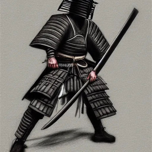 Image similar to A samurai in bulky armor wielding an eight foot long katana, charcoal, pastel, desaturated, surreal, realistic, feudal japan