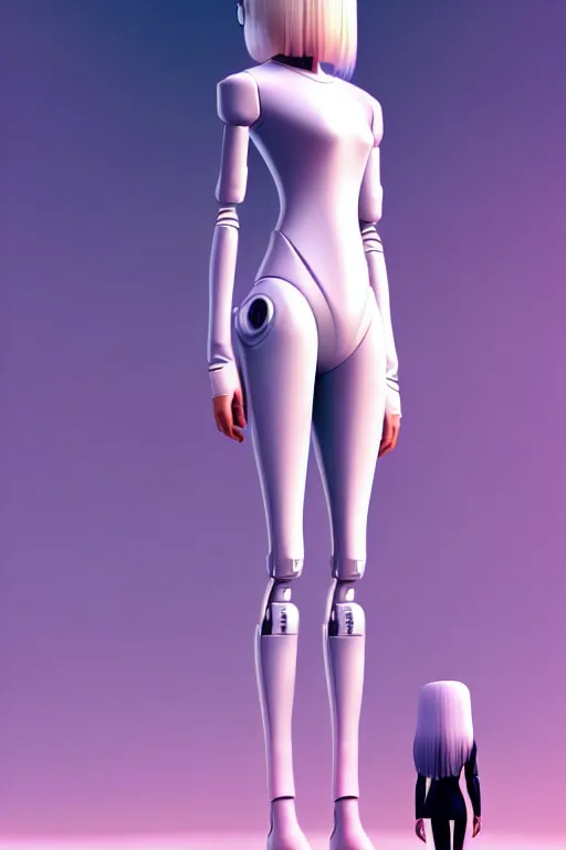 Image similar to upright and straight android women, scifi, futuristic design, full body model, long white hair, character design, cinematic lighting, highly detailed, by beeple, goro fujita, smooth gradient.