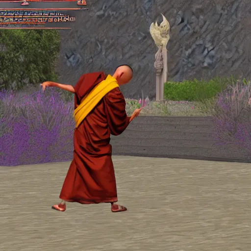 Image similar to tibetan monk sorcerer doing battle with invisible demonic forces in second life