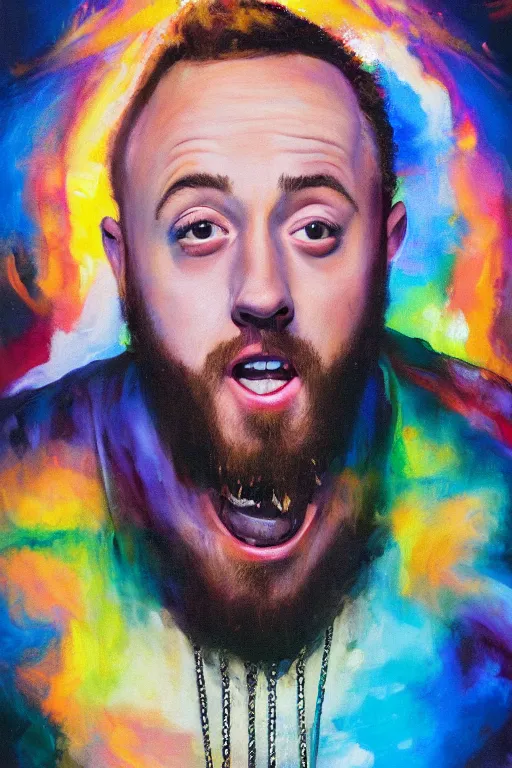 Prompt: Oil painting of Mac Miller, Diablo, Most Dope, Blue Slide Park, Pittsburg, RIP, heavy brushstrokes, Rembrandt Lighting, Portrait, Heavenly, Divinity, beams of golden light, Hope, Ethereal, Symmetrical face, ladders, angelic, intricate details, 4k detail post processing, hyperrealistic, ultra detailed, cinematic, by Rembrandt