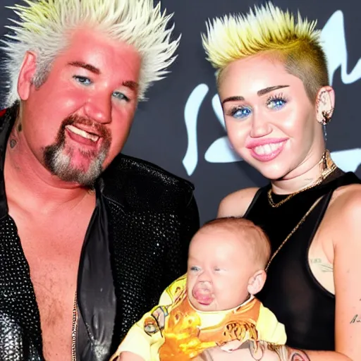 Image similar to miley cyrus and guy fieri holding their baby