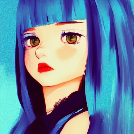 Image similar to ilya kuvshinov with long sky blue hair, gold eyes, amber eyes, boyish face, professional digital painting, black background, wild brush strokes, concept art, award - winning photography, cinematic, wlop, color block, yandere, pop, hip, art by andy warhol, pixiv art, yoshitaka amano