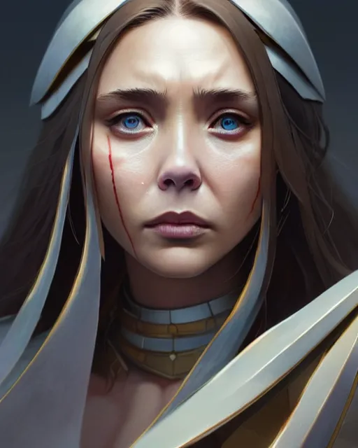 Image similar to azctec warrior, elizabeth olsen, detailed perfect face, exquisite details, fire magic, mid view, design on a white background, by studio muti, greg rutkowski makoto shinkai takashi takeuchi studio ghibli