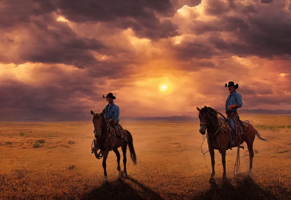 Image similar to a lone cowboy on horseback, aiming a golden revolver, hazy sunset with dark storm clouds on the horizon, small western town in the distance, cinematic angle, filmic tones, detailed digital matte illustration