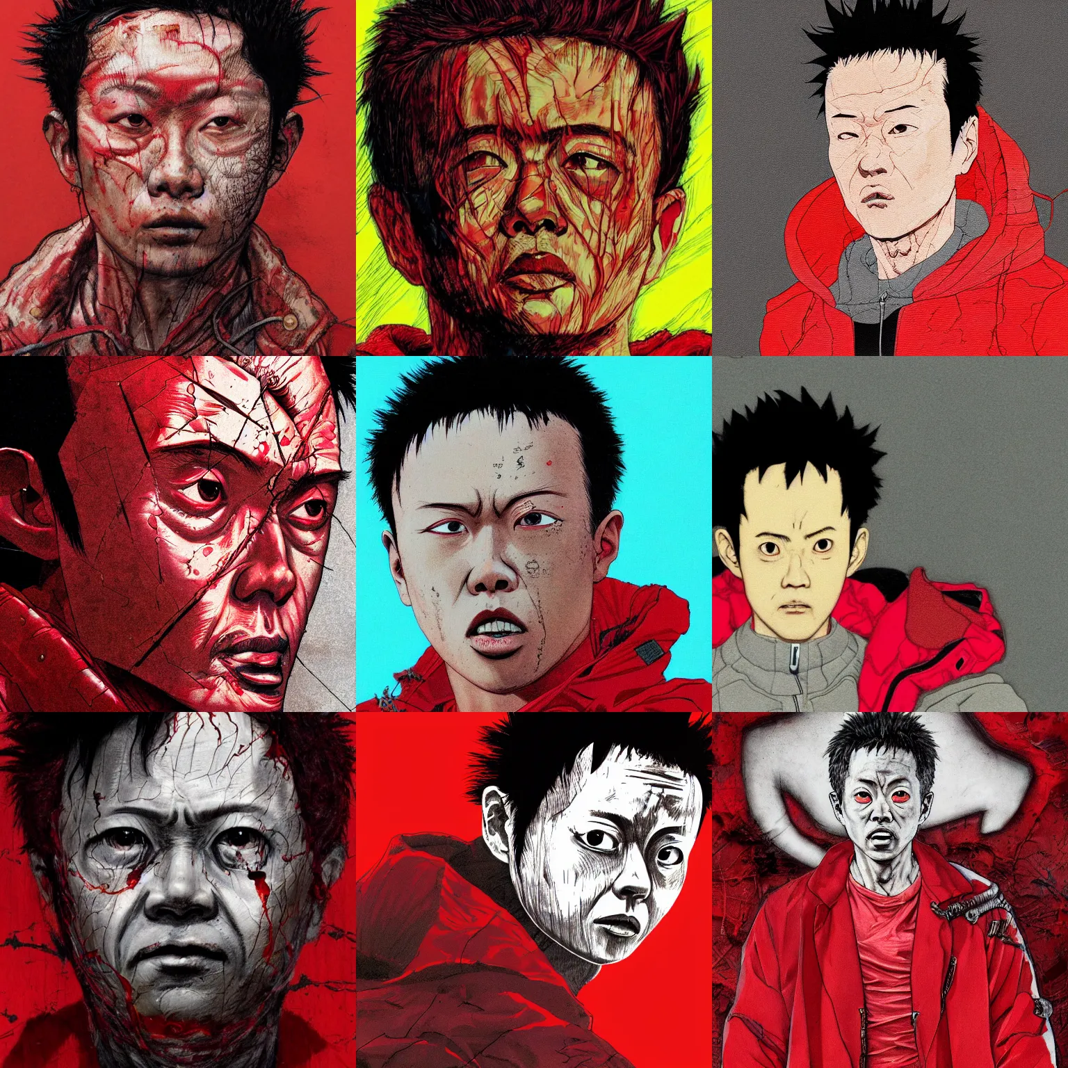 Prompt: a close up portrait of tetsuo wearing a red jacket, by katsuhiro otomo, akira movie style, mother sarah artist, highly detailed, trending on artstation, illustration, concept art