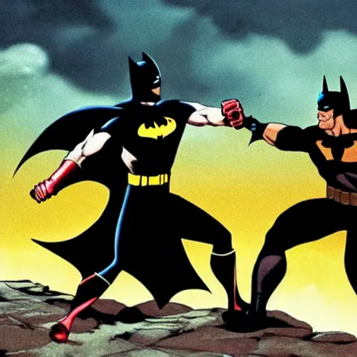 Image similar to batman fighting the wolverine, photograph